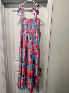 Tie-Shoulder Tiered Blue/Pink Tropical Floral Smocked Maxi Dress Large 12-14